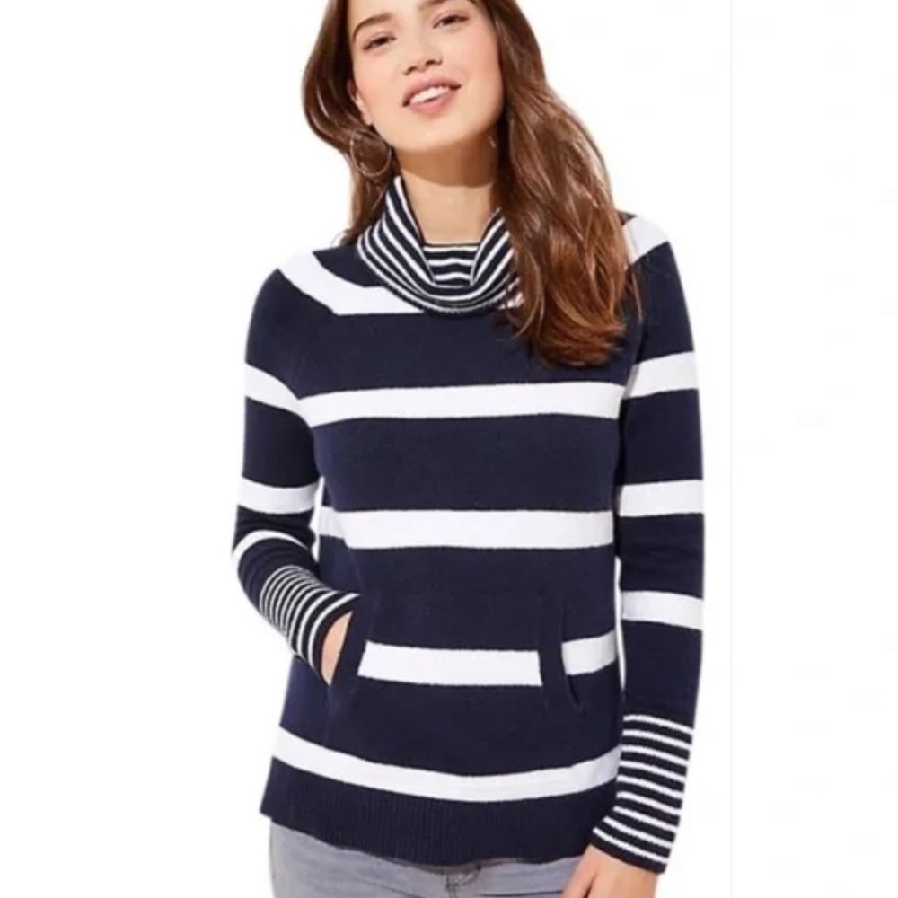 LOFT nautical striped cowl neck stretch sweater with front patch pocket size XS